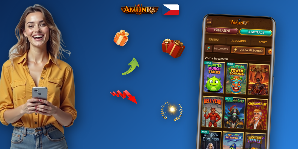 Tři displeje mobilní aplikace AmunRa Casino — hlavní obrazovka, sázky a sloty