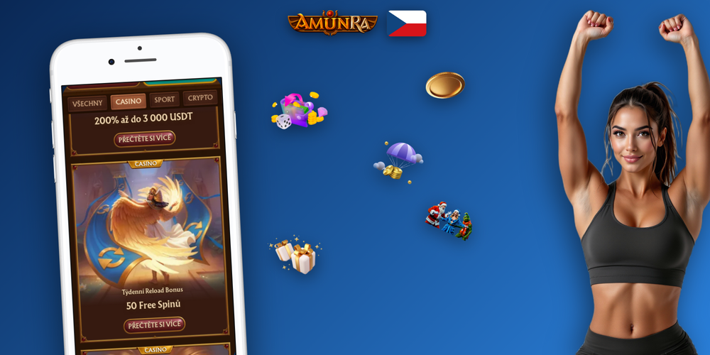 Panoramatický banner AmunRa Casino s egyptskými motivy a ikonami odpovědného hraní 18+