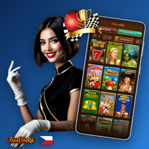 AmunRa Casino app na mobilním telefonu s egyptským motivem v pozadí