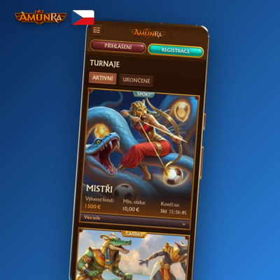 Mobilní web AmunRa Casino se sloty zobrazený na smartphonu v ruce