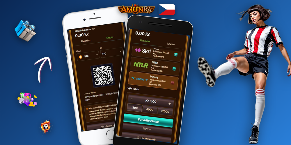 Obrazovka pokladny AmunRa Casino s nabídkou metod vkladu v CZK